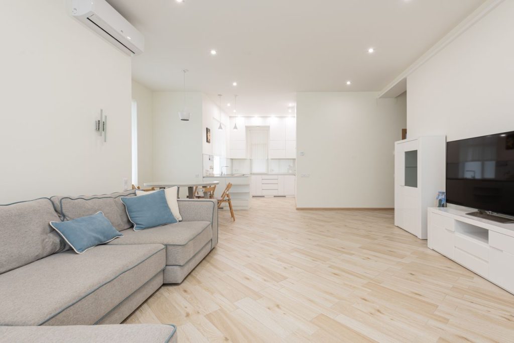 Modern apartment with spacious lounge with television and clean new laminate under bright luminous lights